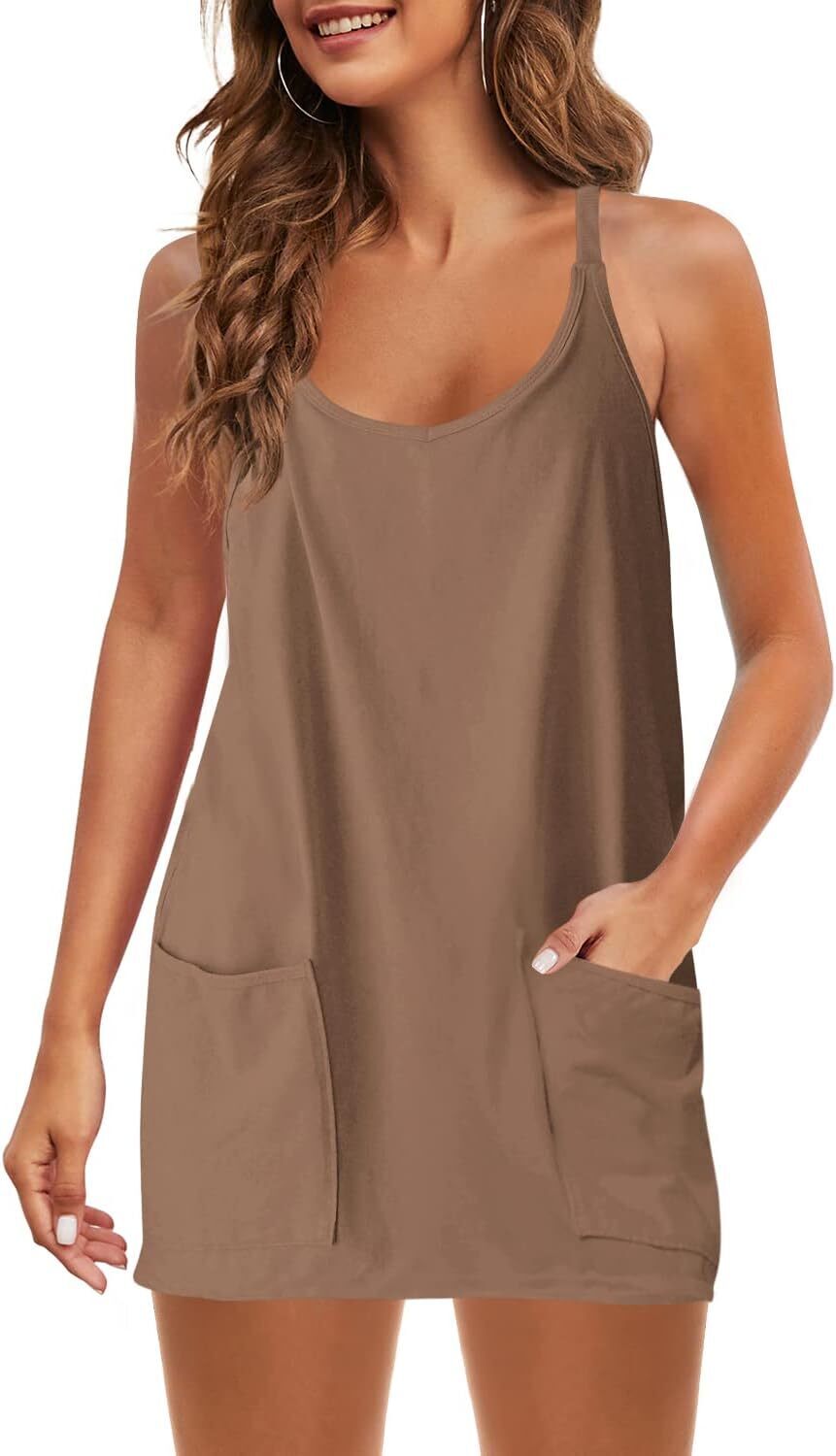 Special Sale🩷Womens Summer Sleeveless Mini Dress V Neck Spaghetti Strap Sundress Athletic Short Dress with Pockets-Easy Peezy