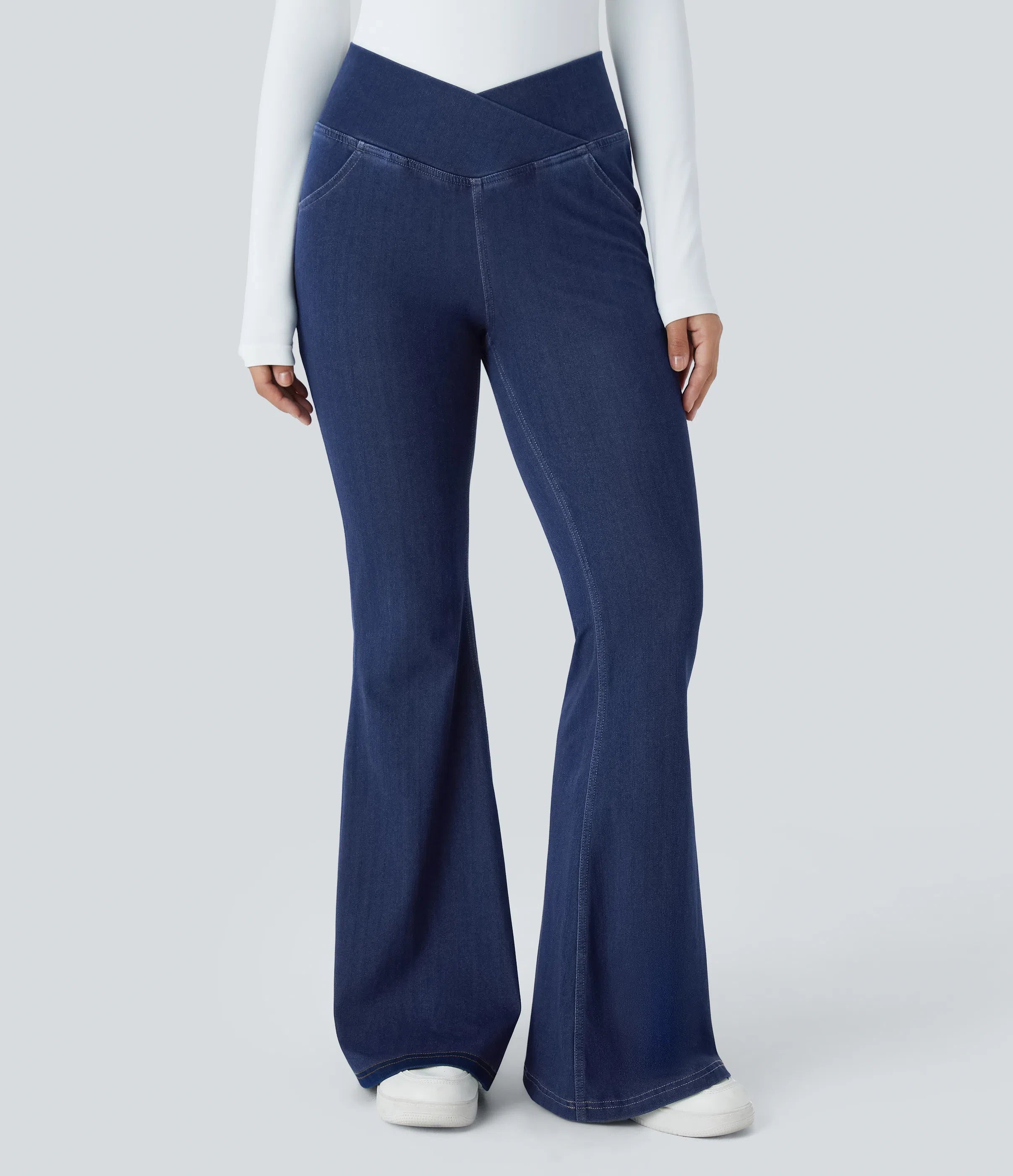 ⚡High Waisted Crossover Pocket Washed Stretchy Knit Casual Super Flare Jeans⚡