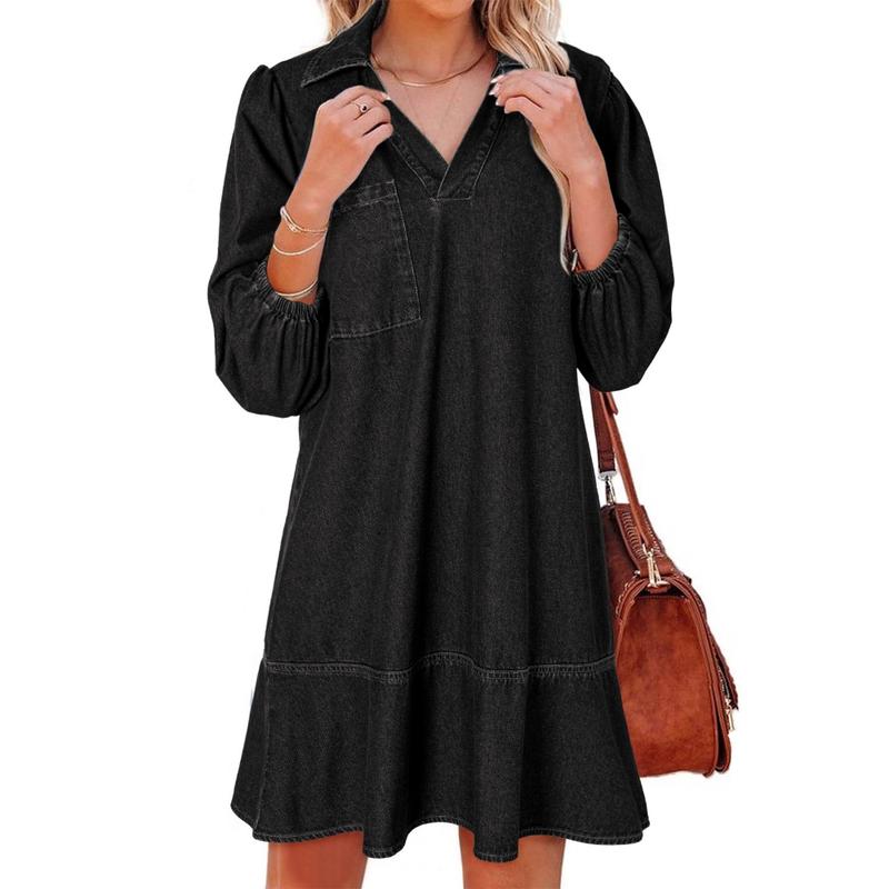 Denim Dress for Women Fashion Fall Casual Babydoll 2025 V Neck 3/4 Puff Sleeve Jean Dresses