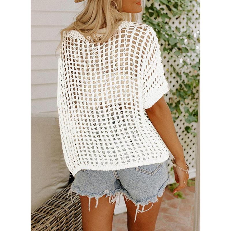 🎁 Womens Summer Scoop Neck ShortSleeve Sweater Casual Crochet Hollow Out KnitTops