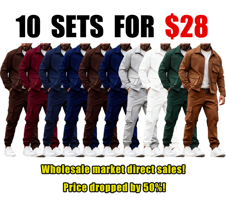 💥Clearance sale! Men's Solid Color Pocket Button Front Shirt & Pants Two-Piece Set, Casual Long Sleeve Collar Top & Trousers Set, Men's Spring & Fall Clothes