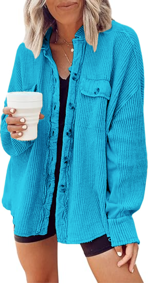 Women's Loose Fit Batwing Sleeve Waffle Knit Button Down Shirt Shacket Tops