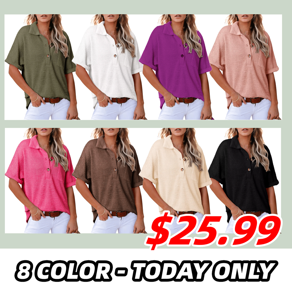 ✨2025 New Women's Waffle Knit Short Sleeve Tunic Henley Shirts