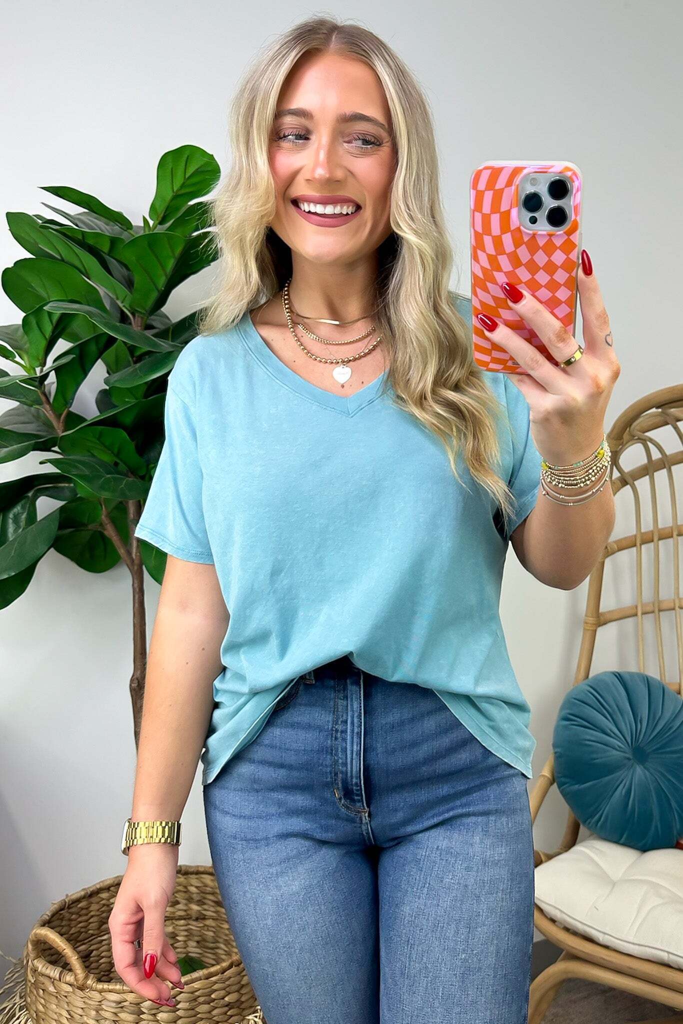 Soliel Acid Wash V-Neck Relaxed Fit Top - BACK IN STOCK