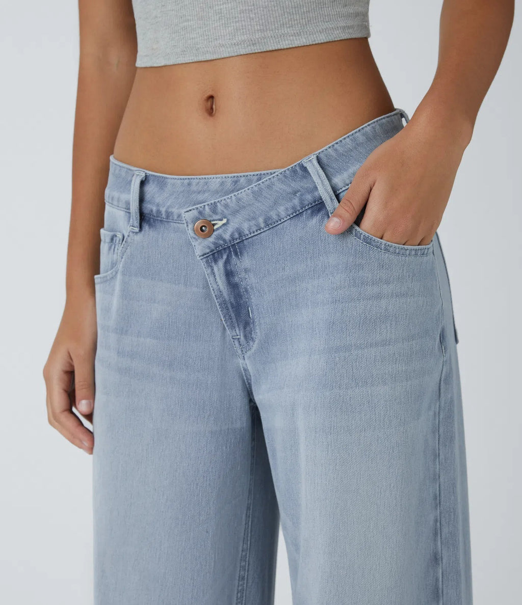 Asymmetric Low Rise Zipper Pockets Baggy Wide Leg Washed Casual Jeans