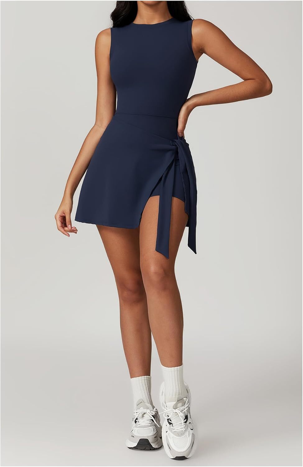 Womens Tennis Dress Wrap Skirt Built in Shorts Sleeveless Golf Athletic Romper Sundress Tie Front Summer Mini Dresses