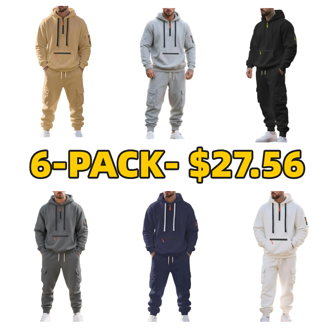 Men's Winter Fleece Lined Casual Set Loose Fit Sporty Multi-Pocket Workwear Warm Long Sleeve Jacket & Pants for Cold Weather Clothes Matching Outdoorfun