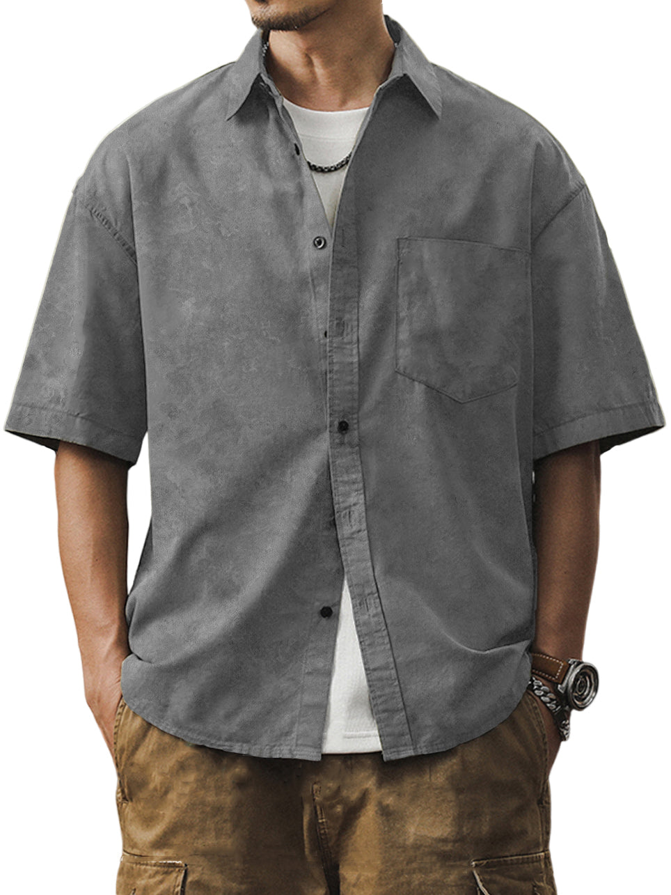Men's Casual Distressed Printed Pocket Short Sleeve Shirt