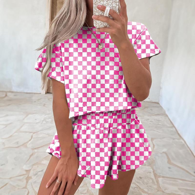 Women‘s Two Piece Set Checkerboard T Shirt and Ruffle High Waist Skort Set 2025 Summer Casual Sets for Daily Wear