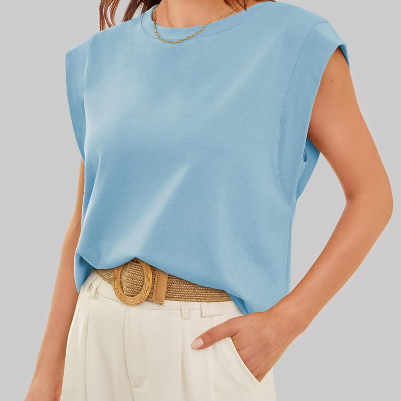 ⚡FINAL SALE⚡- Solid Color Blouse with a Crew Neck and Cap Sleeves