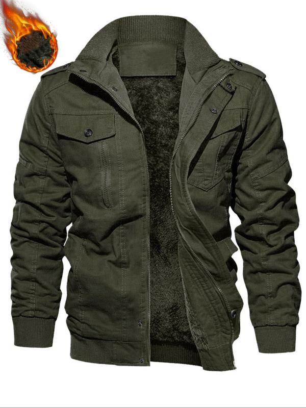 🔥October Hot Sale 🔥Men's Regular Fit Solid Pocket Zipper Jacket, Casual Long Sleeve Stand Collar Outerwear for Fall & Winter