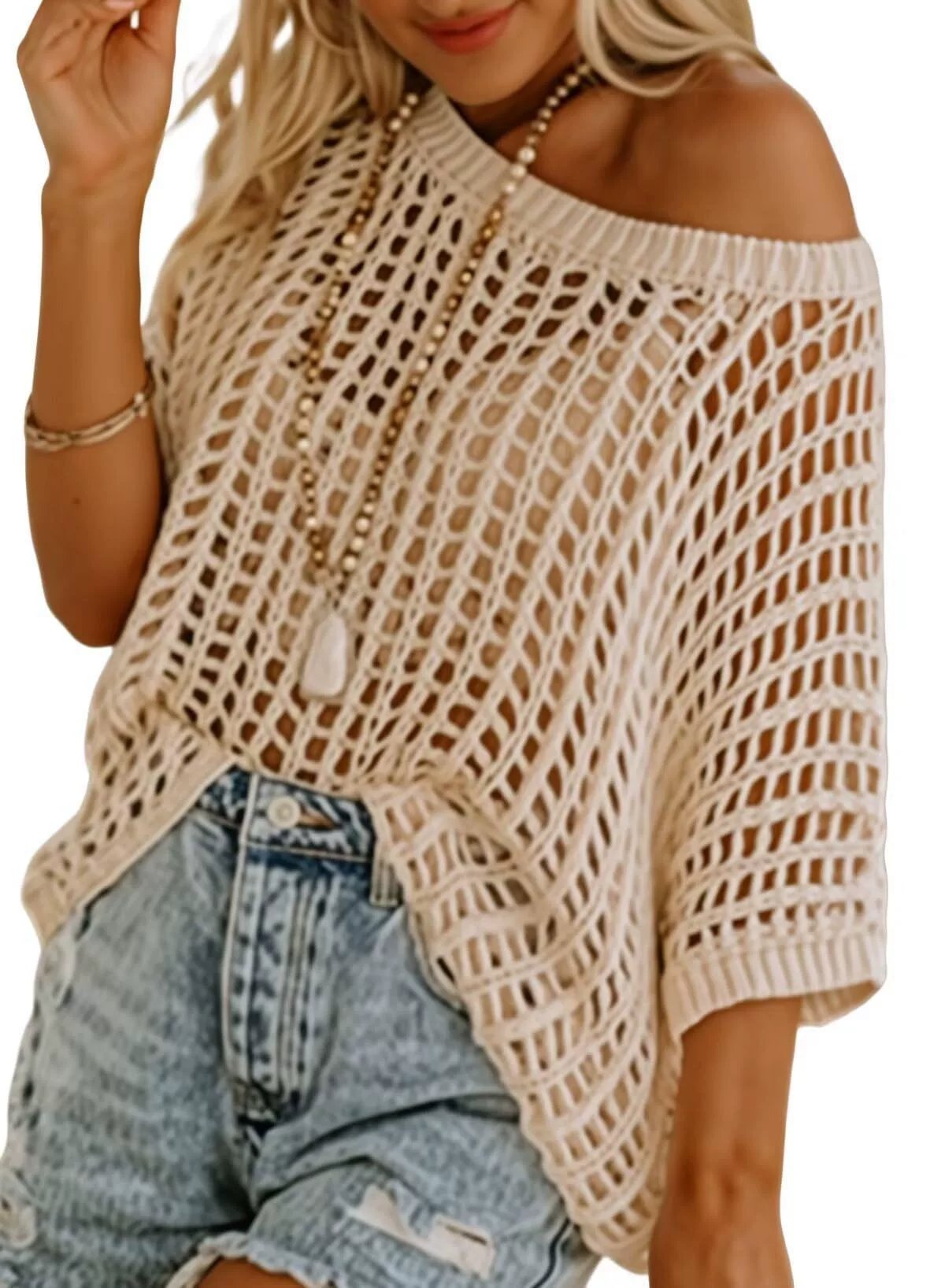 🎁 Womens Summer Scoop Neck ShortSleeve Sweater Casual Crochet Hollow Out KnitTops