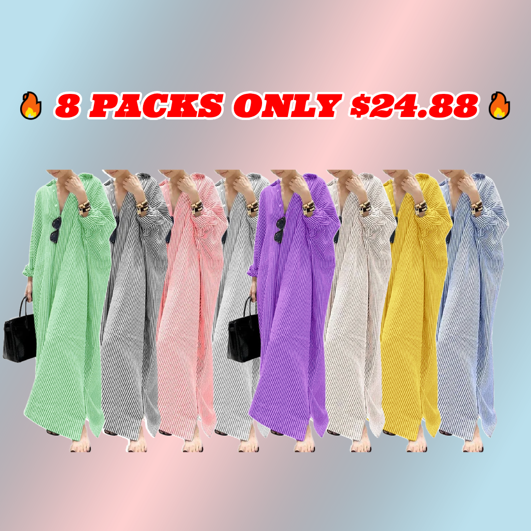 Women's Casual Long Sleeve Button Down Loose Striped Cotton Maxi Shirt Dress