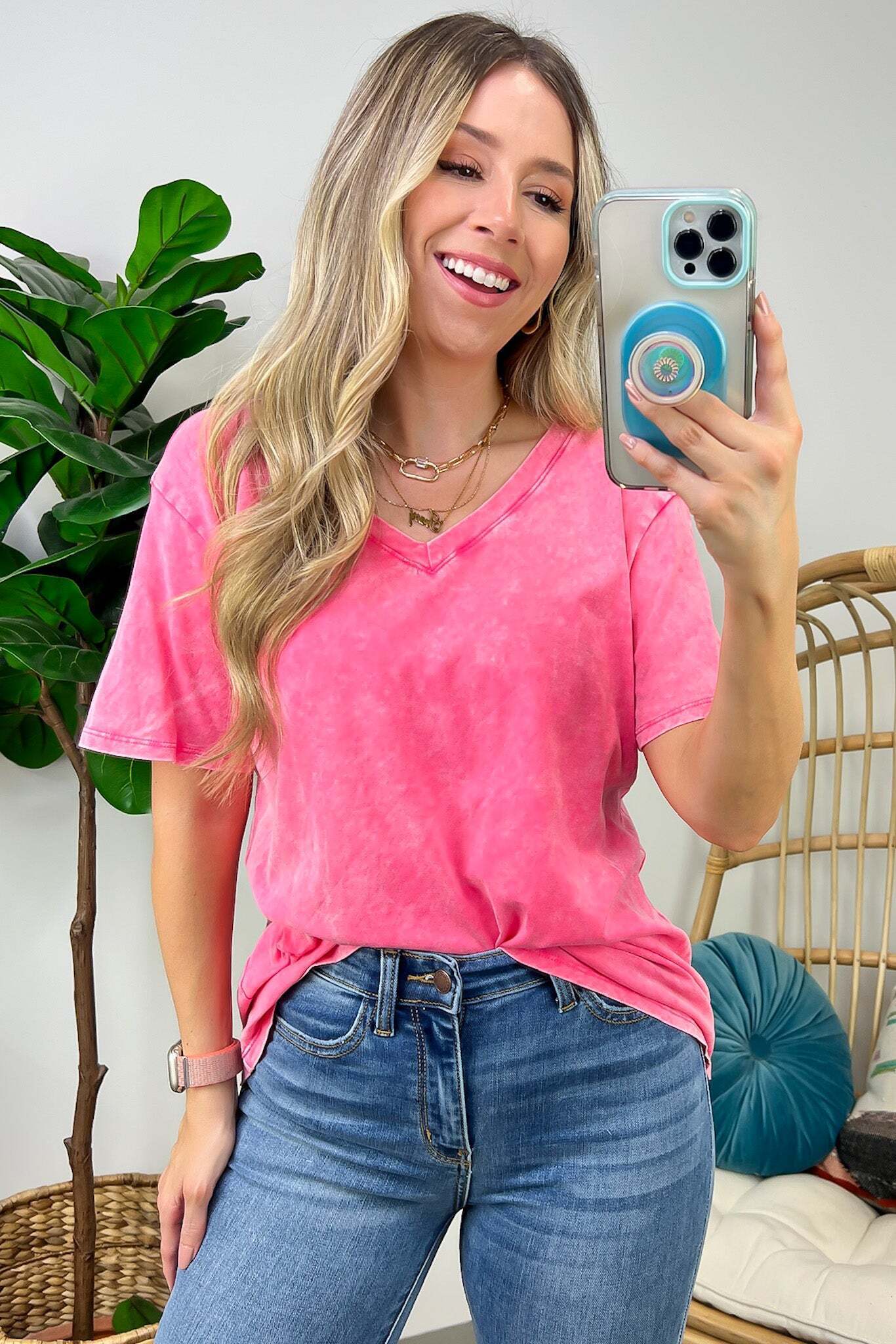 Soliel Acid Wash V-Neck Relaxed Fit Top - BACK IN STOCK