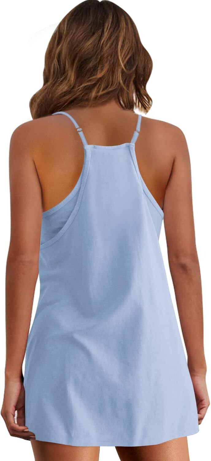 Womens Summer Sleeveless Mini Dress V Neck Spaghetti Strap Sundress Athletic Short Dress with Pockets