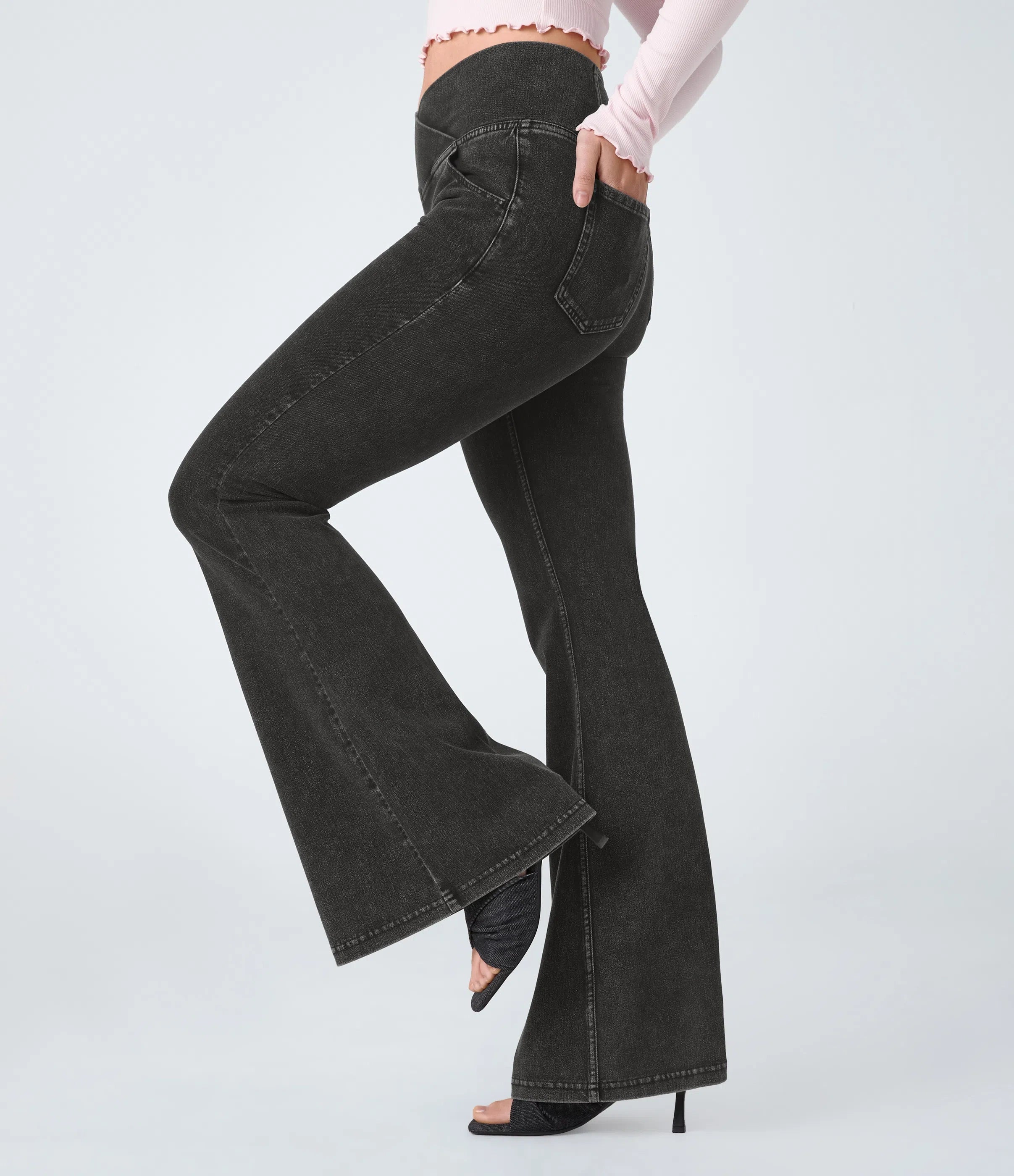 High Waisted Crossover Pocket Washed Stretchy Knit Casual Super Flare Jeans