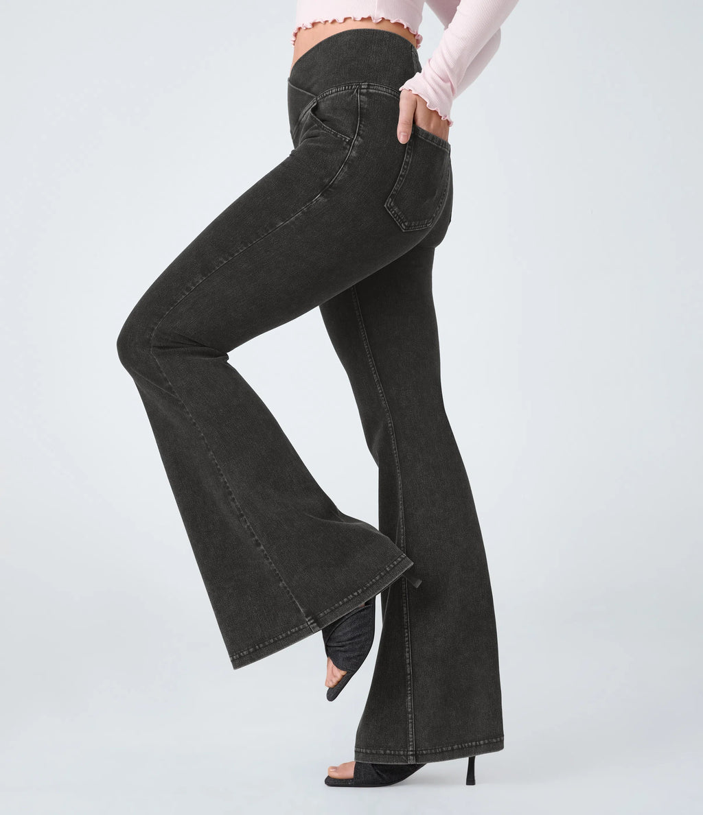 ⚡High Waisted Crossover Pocket Washed Stretchy Knit Casual Super Flare Jeans⚡