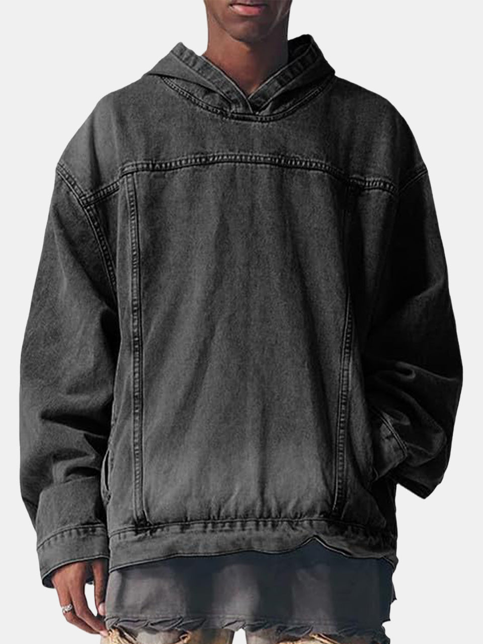 Men's Casual Fashion Cotton Denim Handsome Patchwork Loose Hooded Sweatshirt