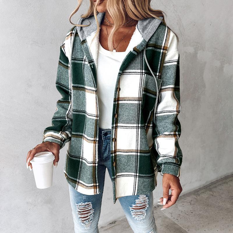 Ladies’ Plaid Hooded Button Coat – Cozy Fall/Winter