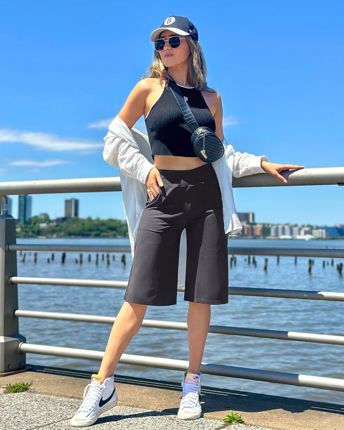 Capri Pants for Women -Knee Length Wide Leg Yoga Capris Dressy Casual Summer Crop Pants with Pockets