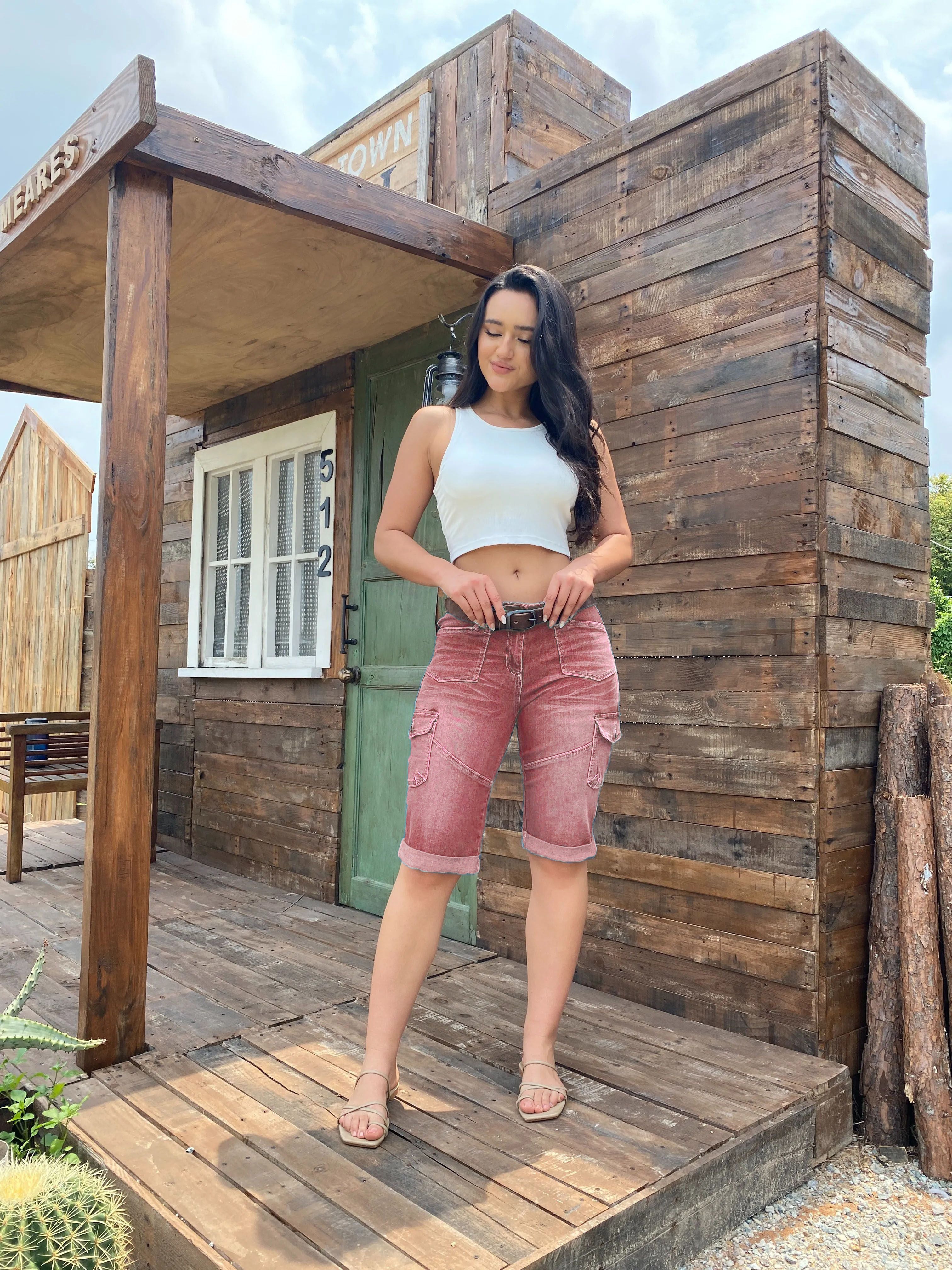 Flap Pocket Roll Hem Denim Bermuda Shorts Without Belt