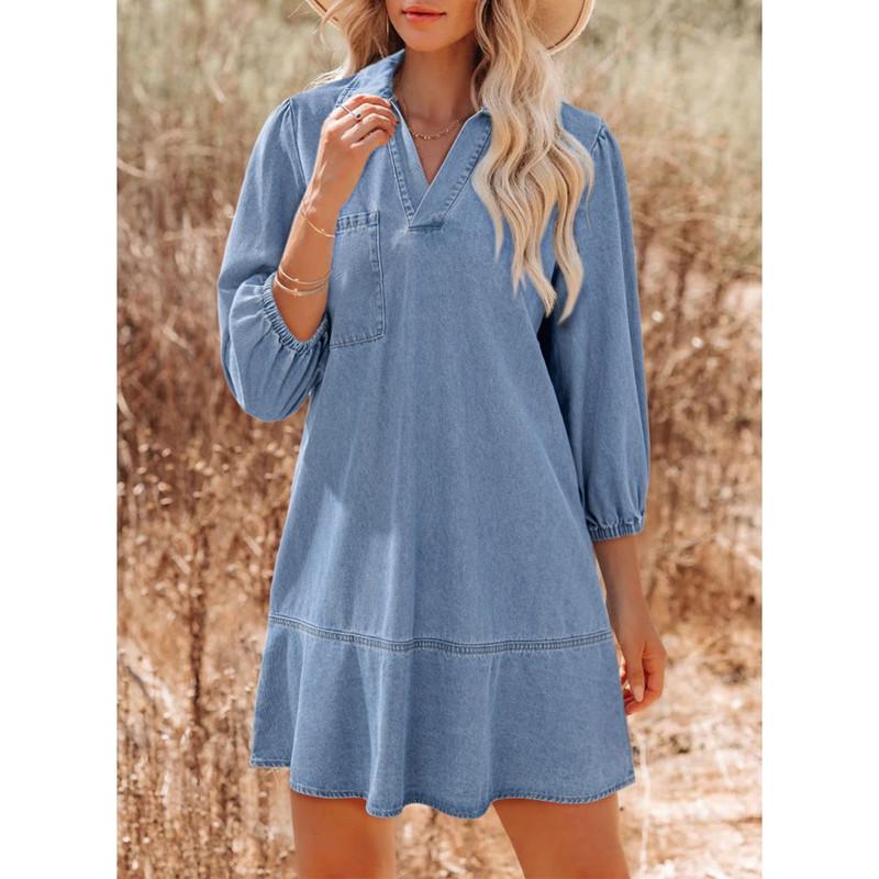Denim Dress for Women Fashion Fall Casual Babydoll 2025 V Neck 3/4 Puff Sleeve Jean Dresses