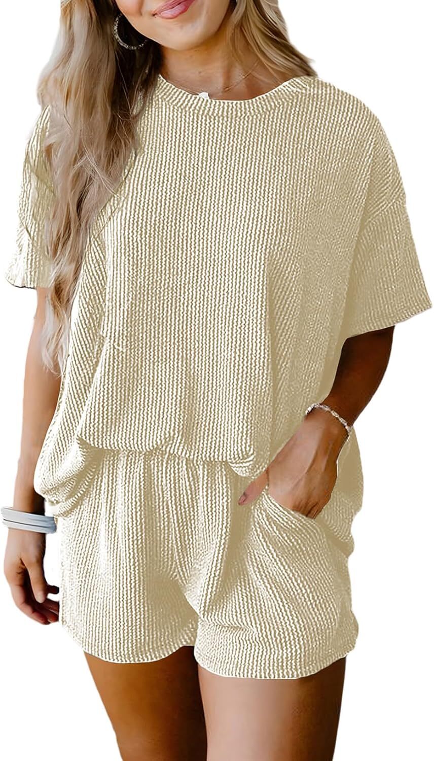 Two 2 Piece Sets for Women Short Sleeve Shirts High Waisted Shorts with Pockets Pajamas Lounge Matching Set