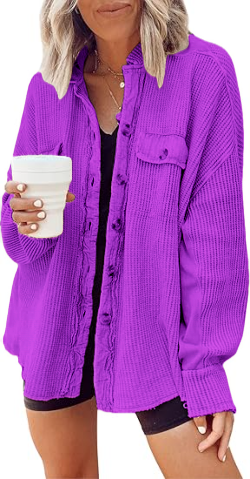 Women's Loose Fit Batwing Sleeve Waffle Knit Button Down Shirt Shacket Tops