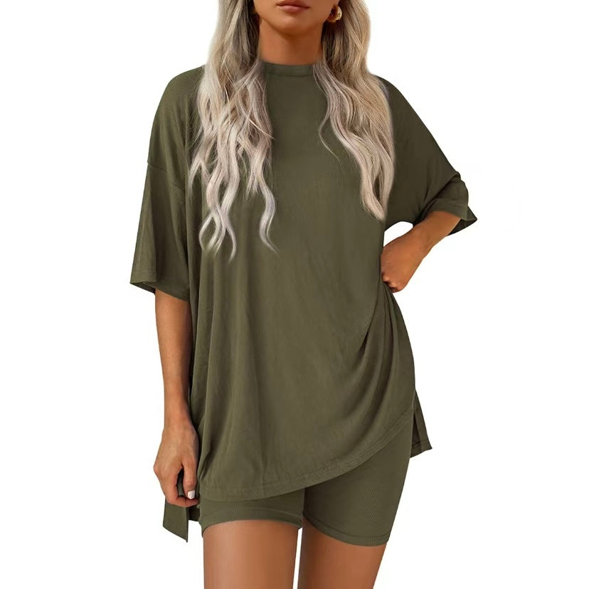 Women's Two Piece Lounge Set 2025 Summer Casual Oversized Shirts Biker Shorts Matching Airport Travel Outfit Split Hem