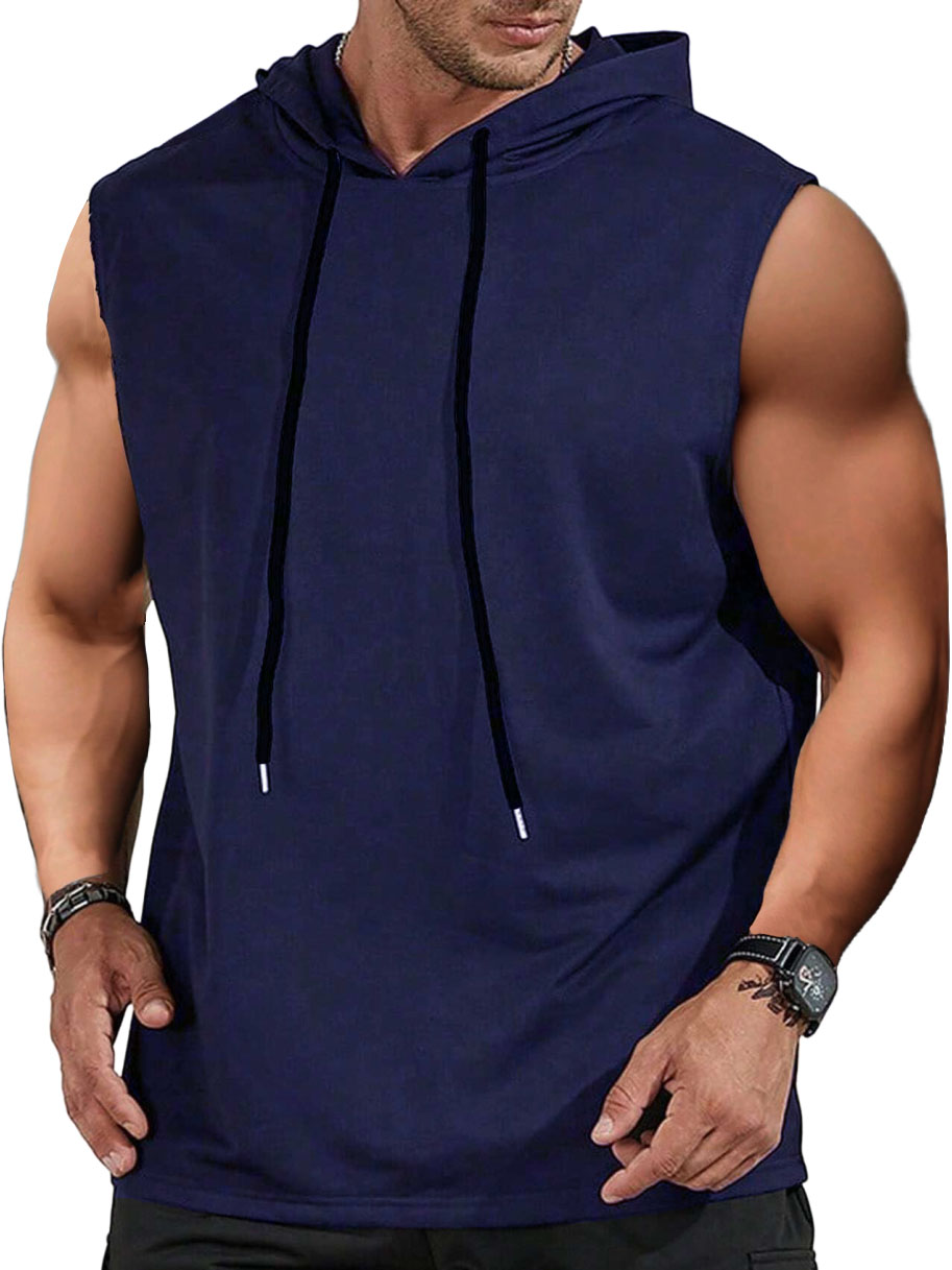 Men's Sports Casual Solid Color Shirt Hooded Tie Sleeveless T-shirt