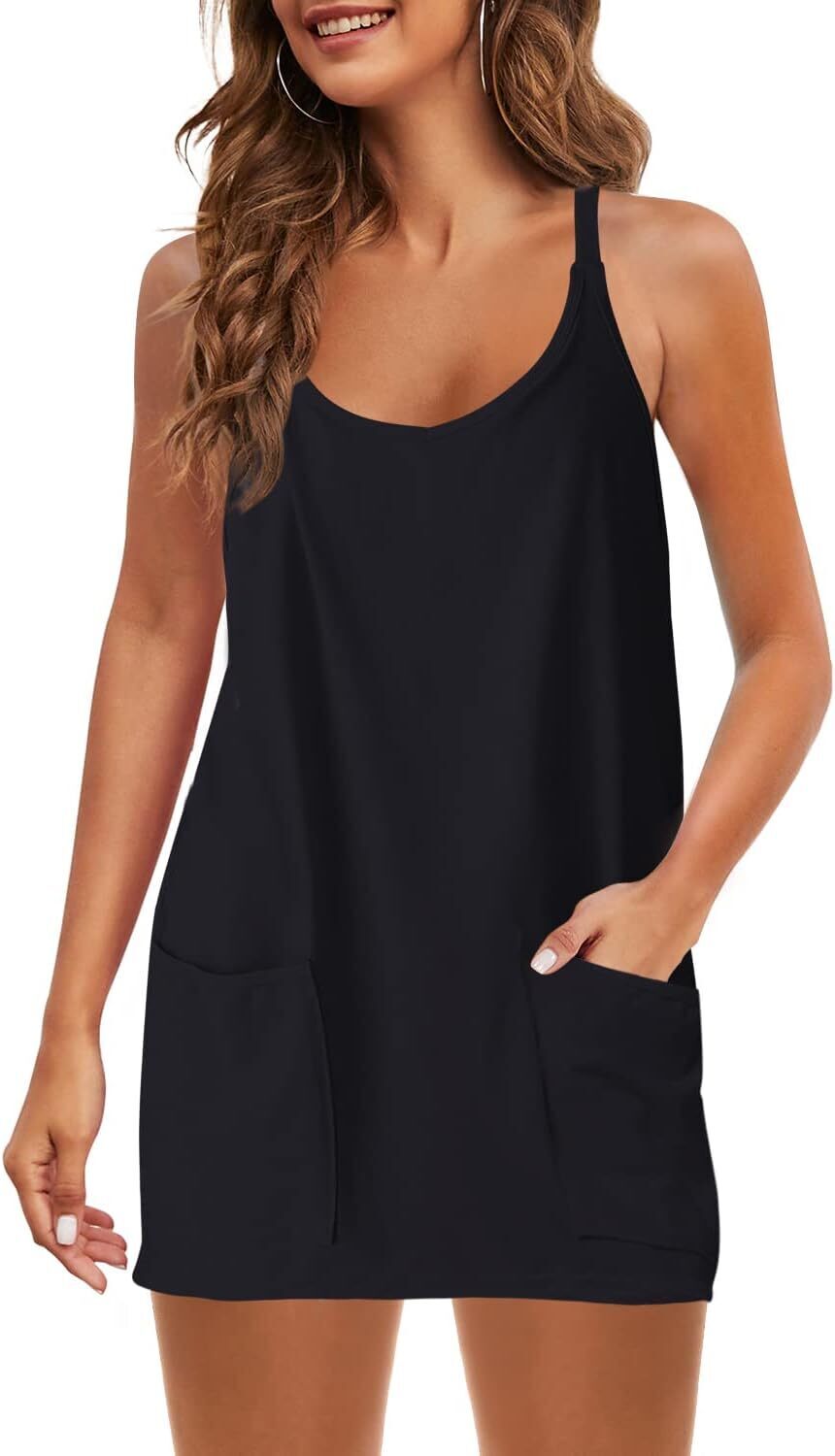 Special Sale🩷Womens Summer Sleeveless Mini Dress V Neck Spaghetti Strap Sundress Athletic Short Dress with Pockets-Easy Peezy