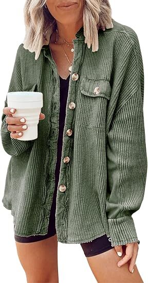 Women's Loose Fit Batwing Sleeve Waffle Knit Button Down Shirt Shacket Tops