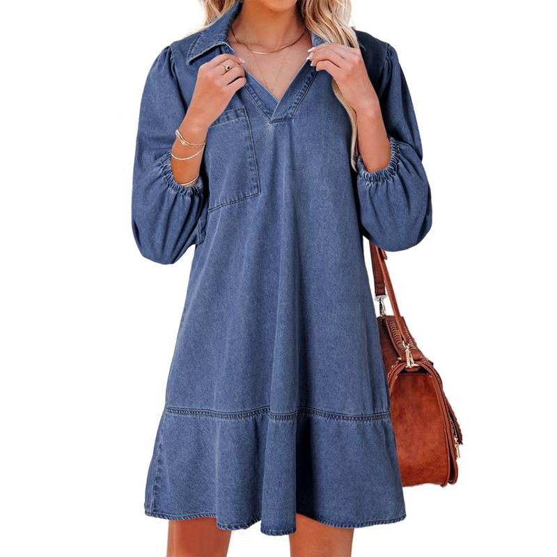 Denim Dress for Women Fashion Fall Casual Babydoll 2025 V Neck 3/4 Puff Sleeve Jean Dresses
