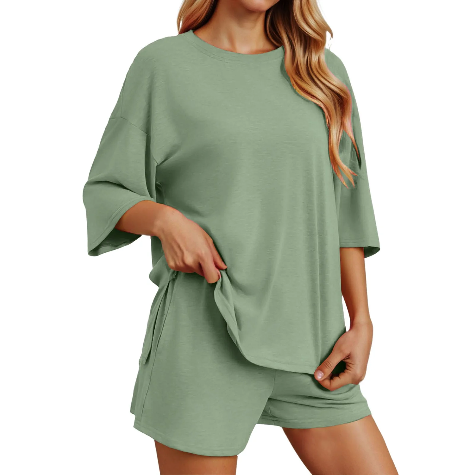 Women's Two Piece Lounge Set 2025 Summer Casual Oversized Shirts Biker Shorts Matching Airport Travel Outfit Split Hem