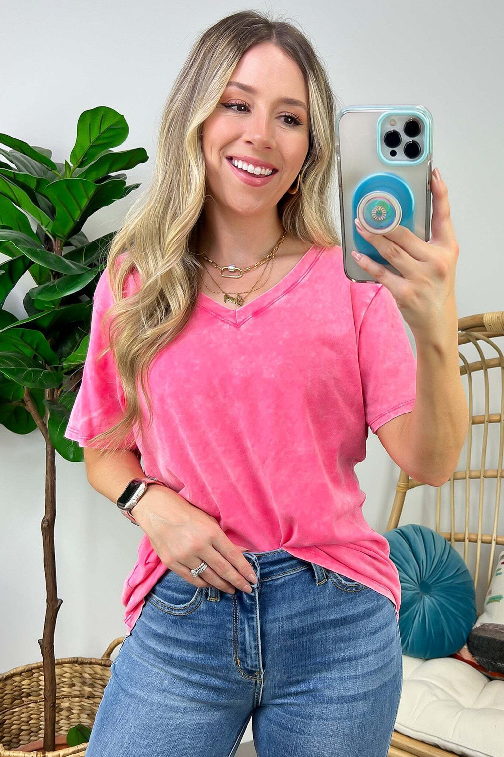 Soliel Acid Wash V-Neck Relaxed Fit Top - BACK IN STOCK