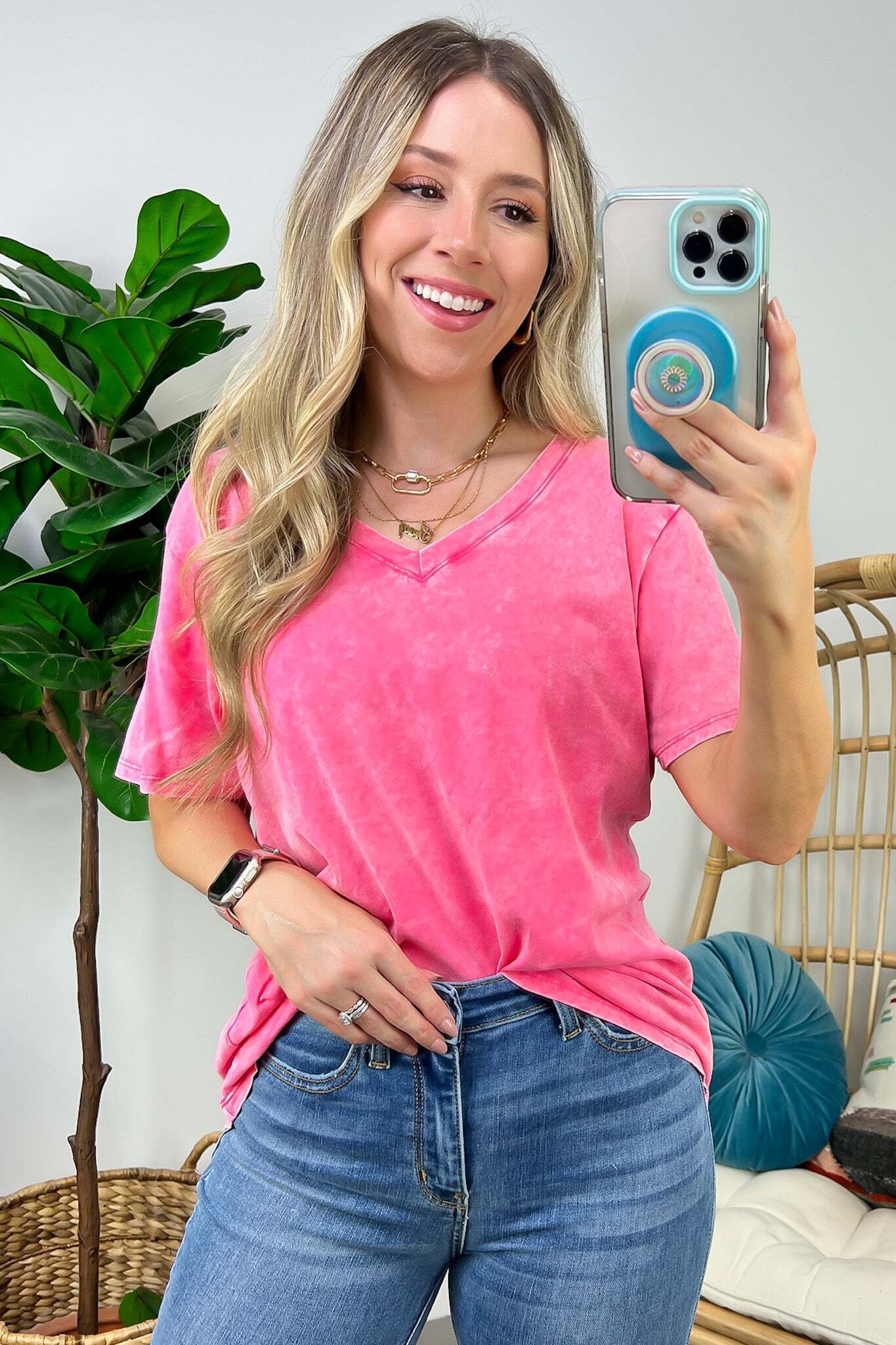 Soliel Acid Wash V-Neck Relaxed Fit Top - BACK IN STOCK