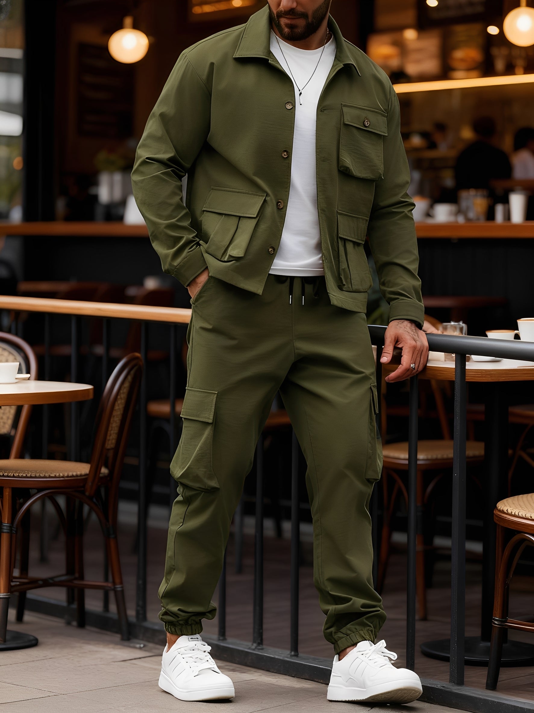 💥Clearance sale! Men's Solid Color Pocket Button Front Shirt & Pants Two-Piece Set, Casual Long Sleeve Collar Top & Trousers Set, Men's Spring & Fall Clothes