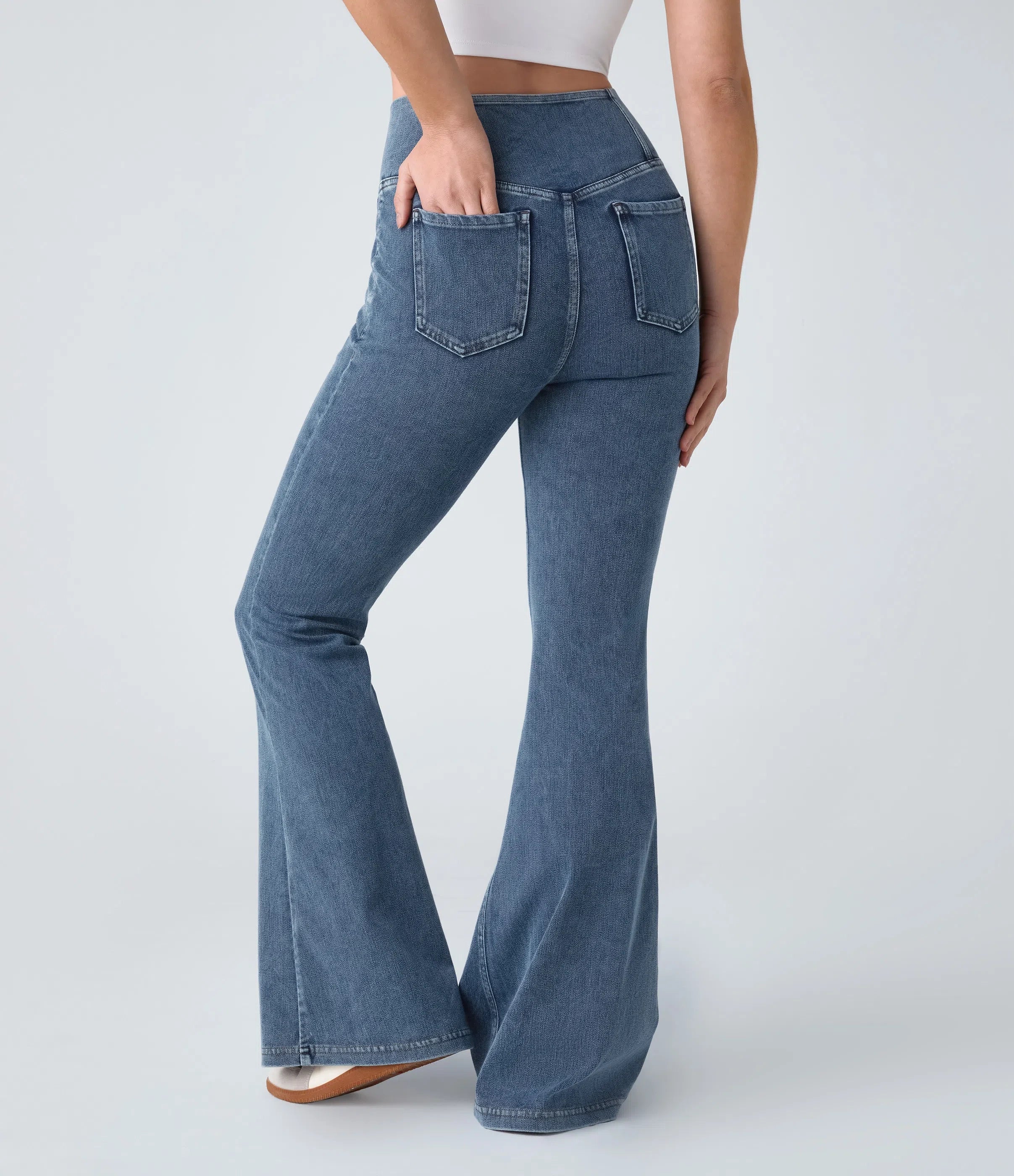 ⚡High Waisted Crossover Pocket Washed Stretchy Knit Casual Super Flare Jeans⚡