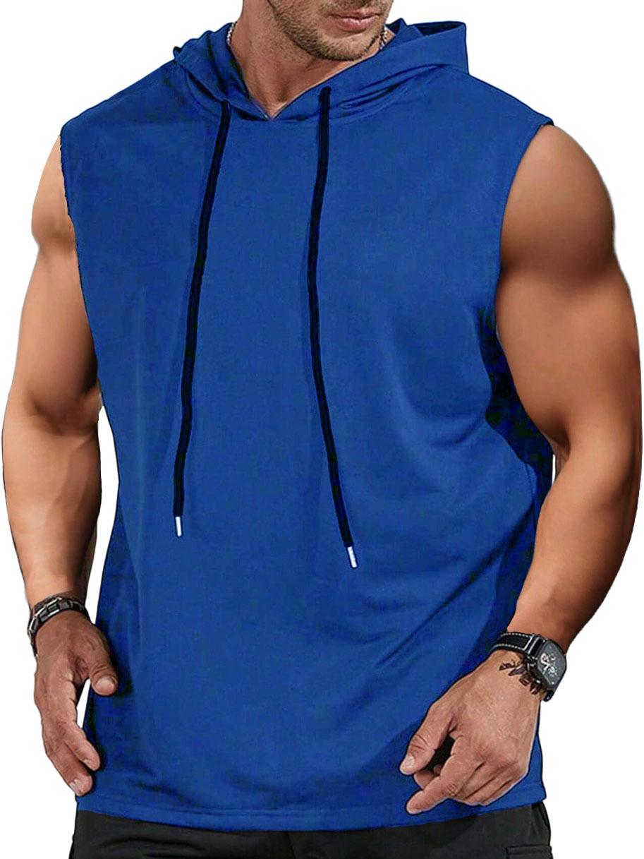 Men's Sports Casual Solid Color Shirt Hooded Tie Sleeveless T-shirt