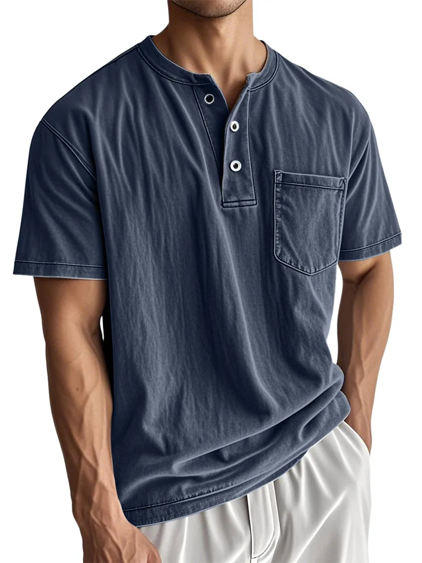 Men's Stylish Washed Distressed Cotton Vintage Casual Pocket Henley Shirt