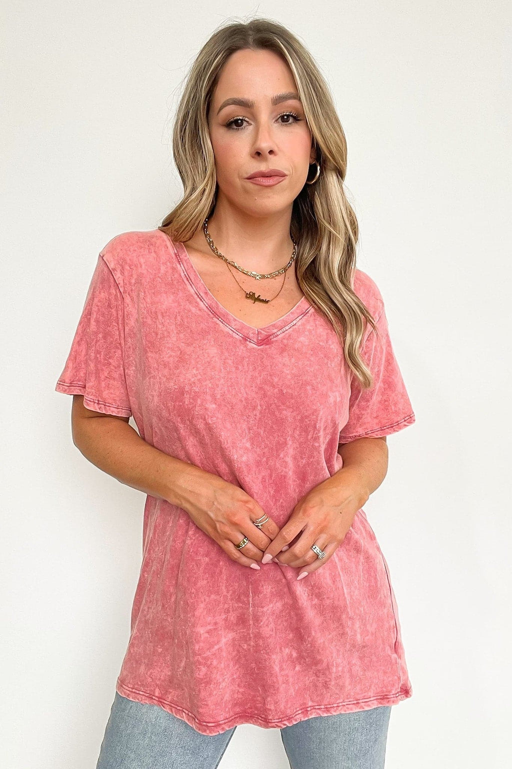Soliel Acid Wash V-Neck Relaxed Fit Top - BACK IN STOCK