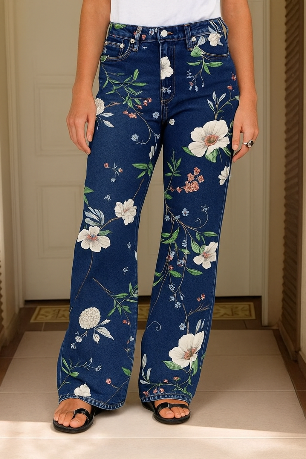 🔥Floral Pattern Wash High Waist Straight Leg Jeans