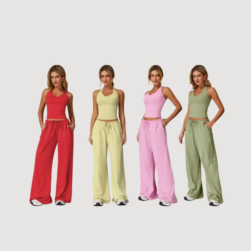 Women's Solid Crop Tank Top & Wide Leg Pants Set, Casual V Neck Sleeveless Top & Trousers for Daily Outdoor Wear, Ladies Sportswear for Summer, Solid Sports Sets, Yoga Suit Set