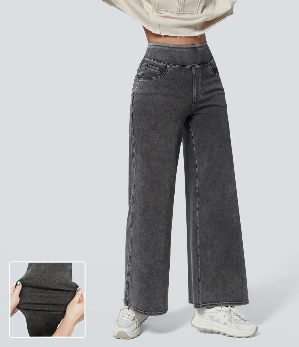 FINAL SALE⚡High Waisted Multiple Pockets Baggy Wide Leg Washed Stretchy Knit Casual Jeans