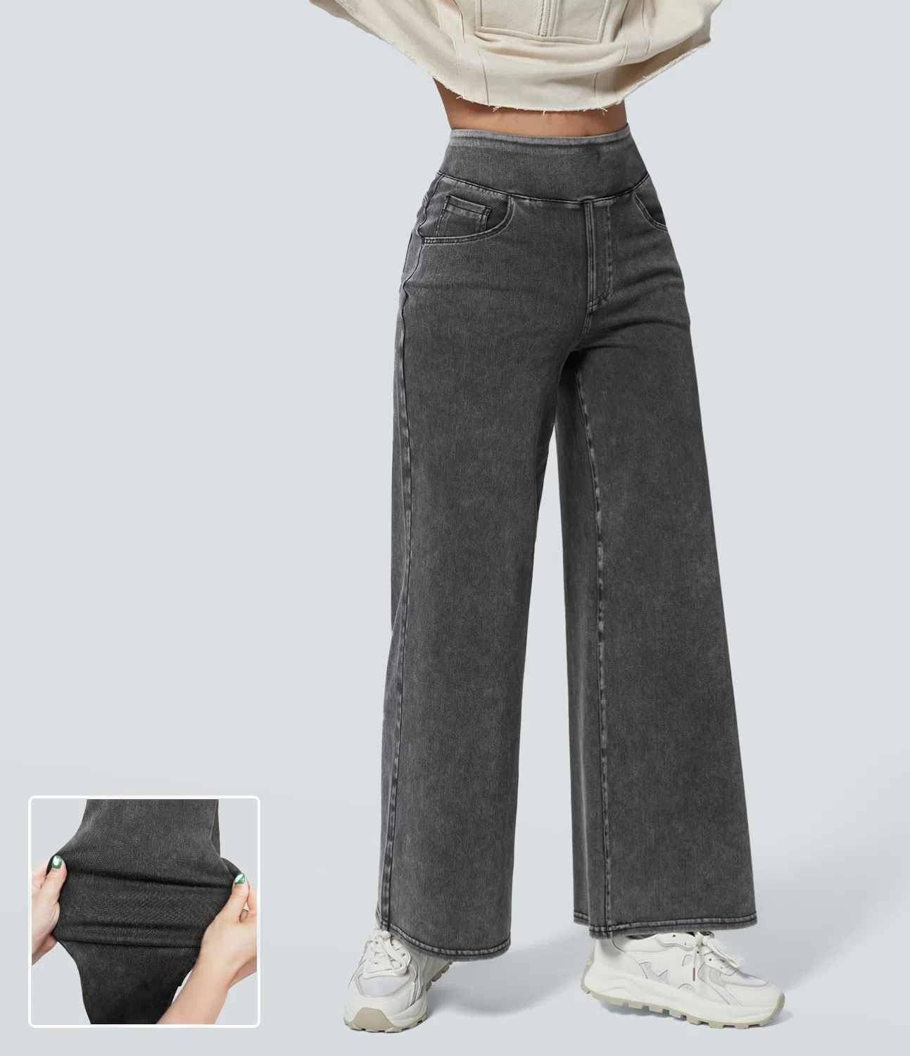 FINAL SALE⚡High Waisted Multiple Pockets Baggy Wide Leg Washed Stretchy Knit Casual Jeans