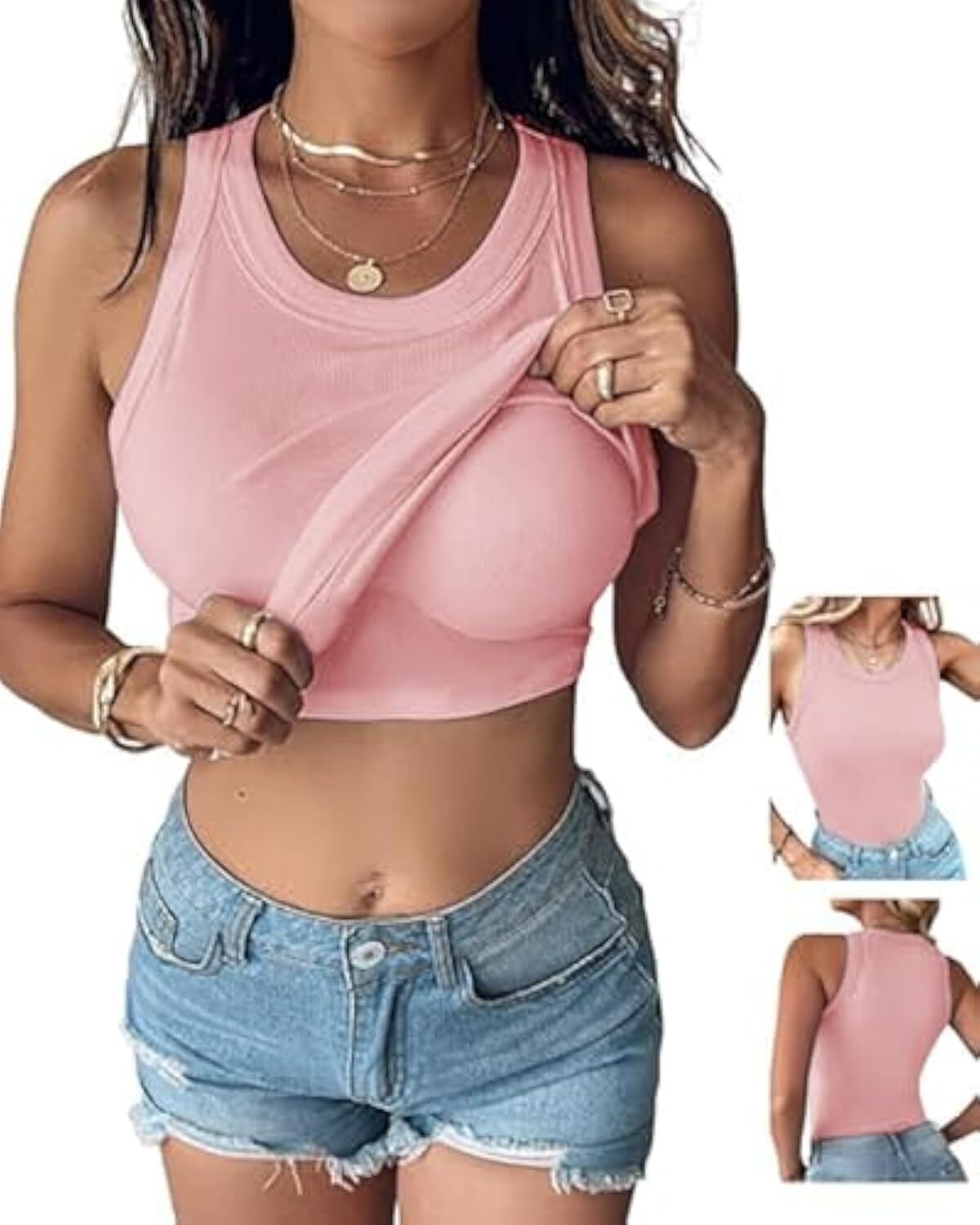 Women Built-in Bra Tank Tops Sleeveless Casual Shirts Racerback Ribbed Fitted Tank Tops