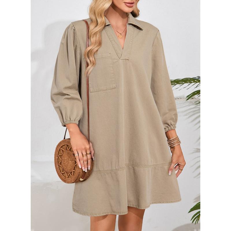 Denim Dress for Women Fashion Fall Casual Babydoll 2025 V Neck 3/4 Puff Sleeve Jean Dresses