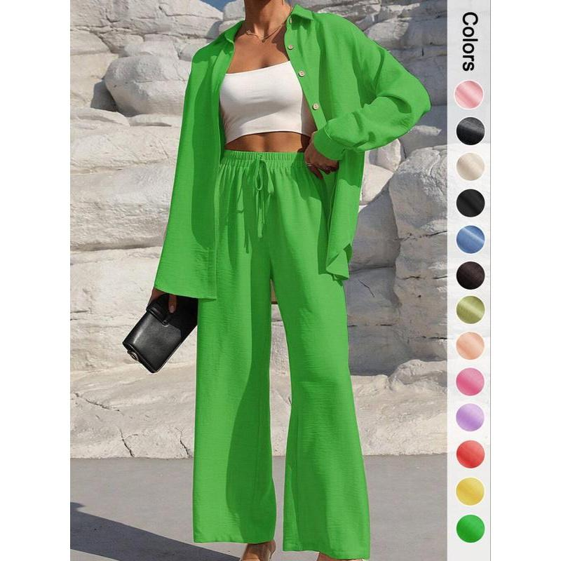 Women's Solid Button Front Shirt & Tie Front Wide Leg Pants Two-piece Set, Casual Loose Drop Shoulder Long Sleeve Top & Trousers for Spring & Fall