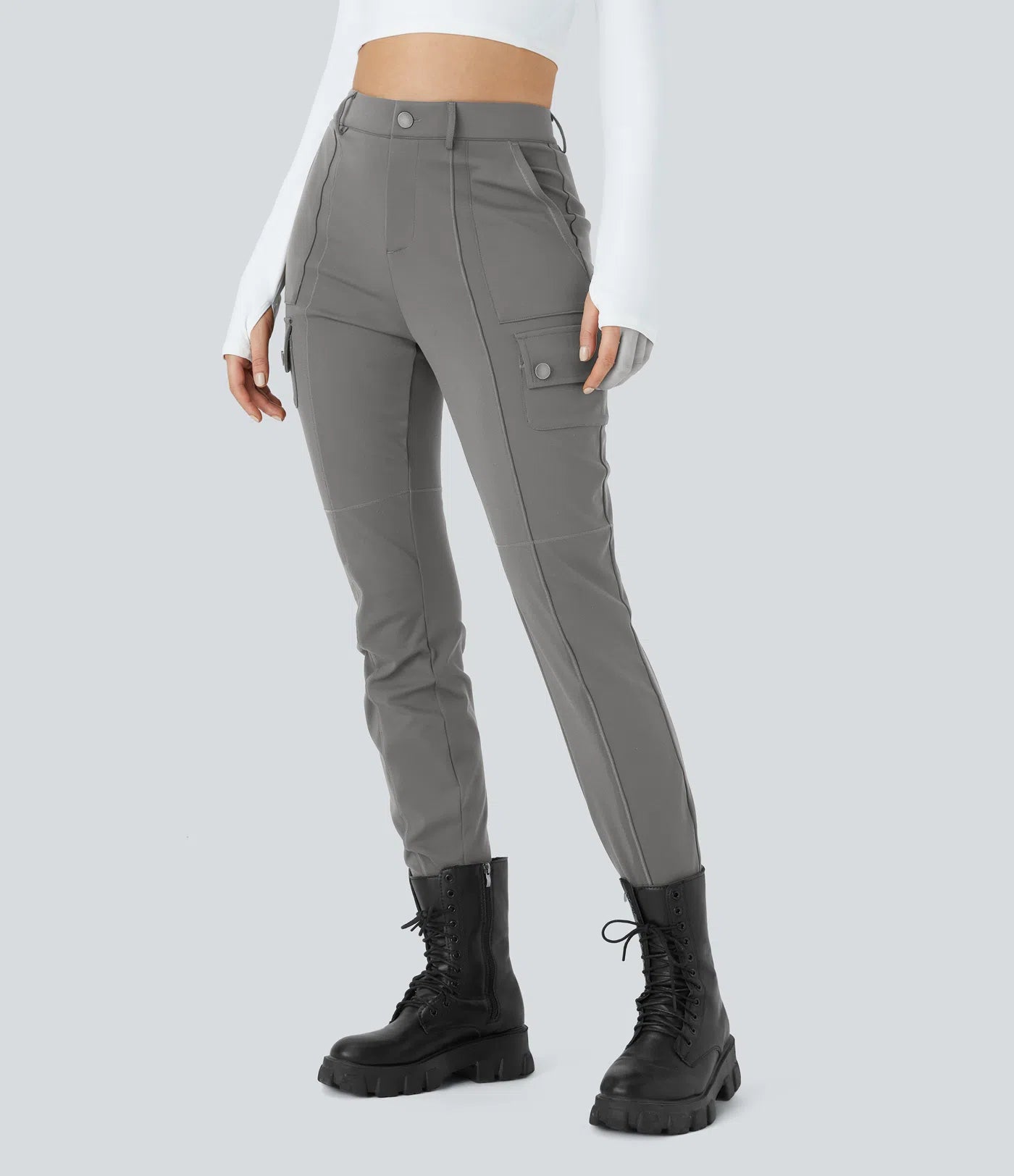 ⏰Huge Spring Discount! High Waisted Button Zipper Multiple Pockets Solid Skinny Cargo Pants