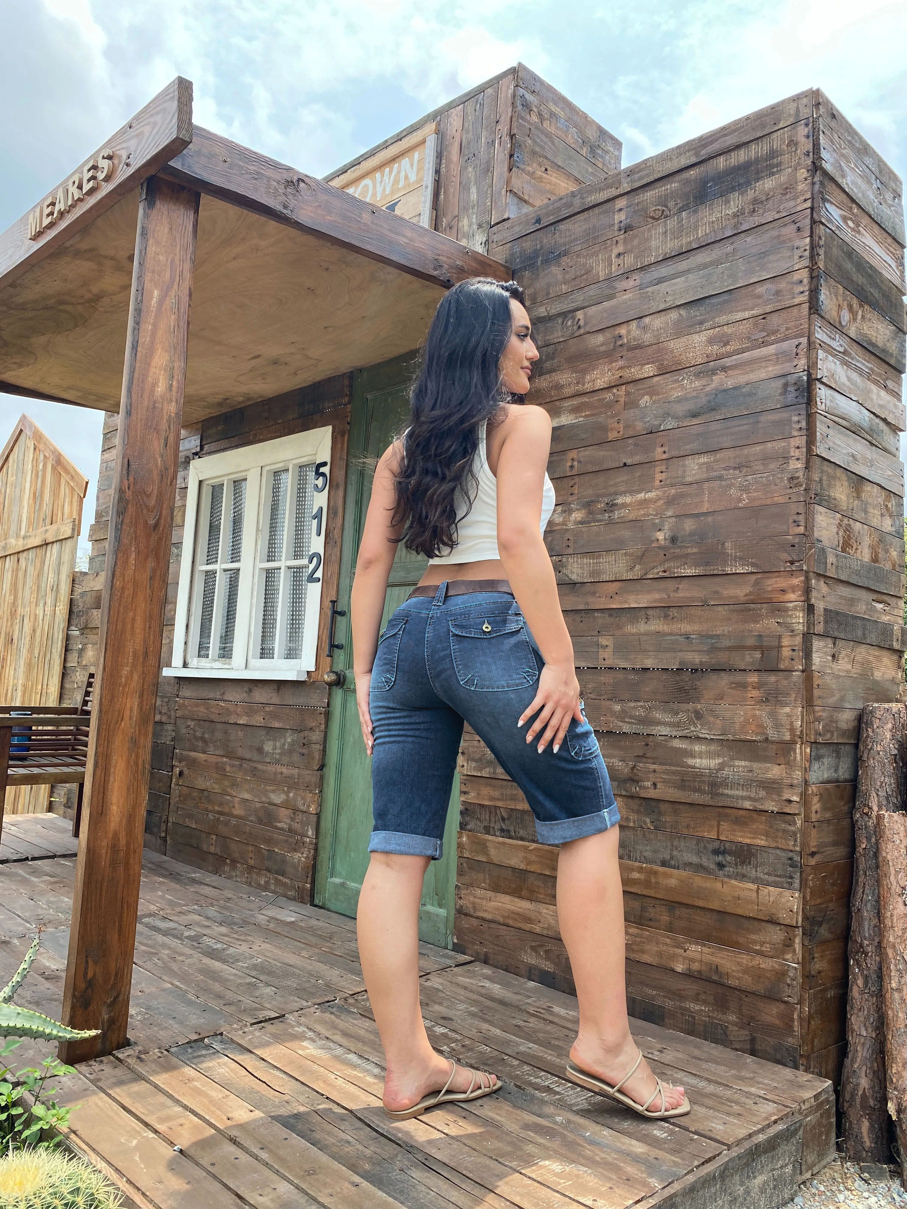 Flap Pocket Roll Hem Denim Bermuda Shorts Without Belt